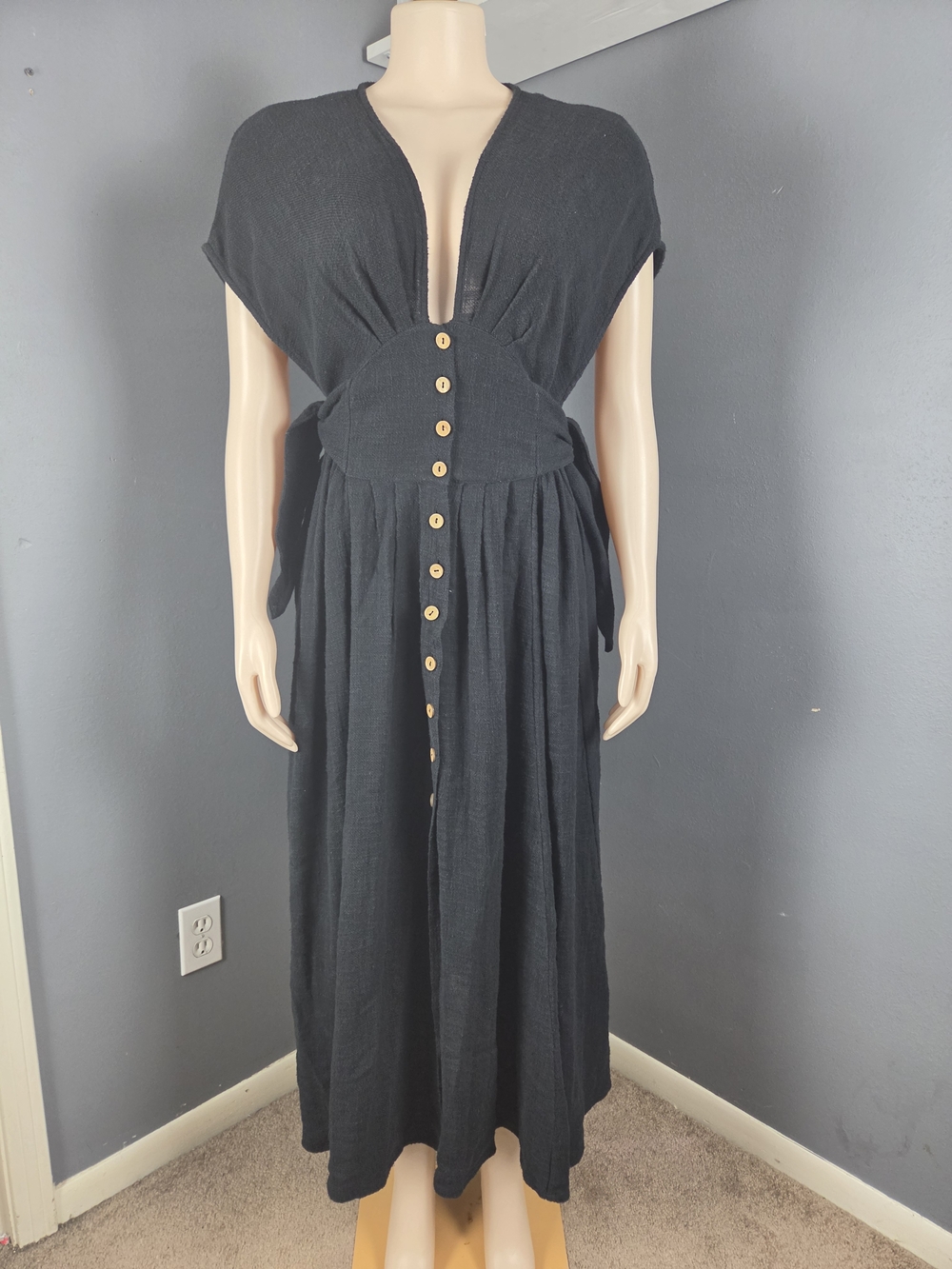 AllSaints Black Button-Front Maxi Dress with Deep V